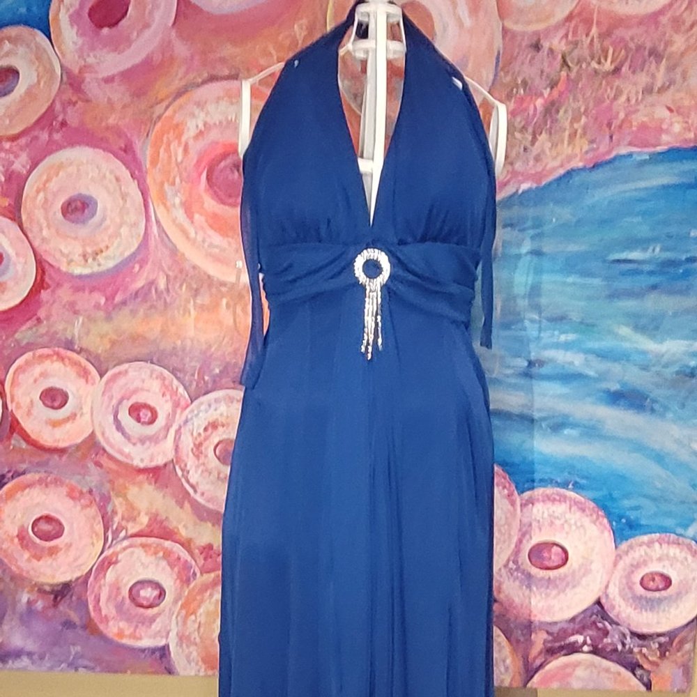 BLUE HALTER TOP FULL LENGTH DRESS WITH RHINESTONE ACCENT CENTER FRONT